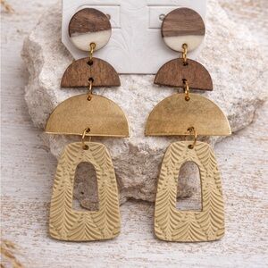 Western Boho Wood & Gold Statement Earrings - Cream, Brown, Gold
